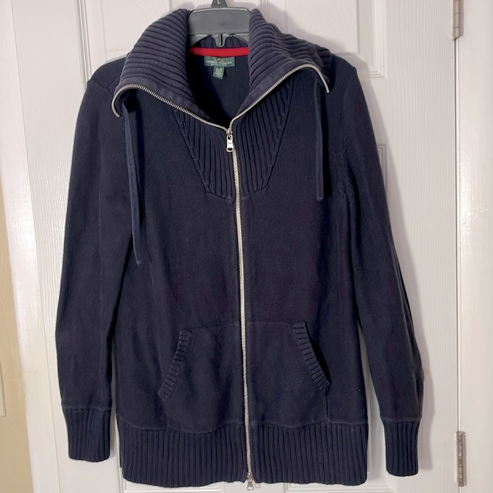 LRL LaurenJeans Co blue fisherman cotton sweater full zip tall collar pockets XL